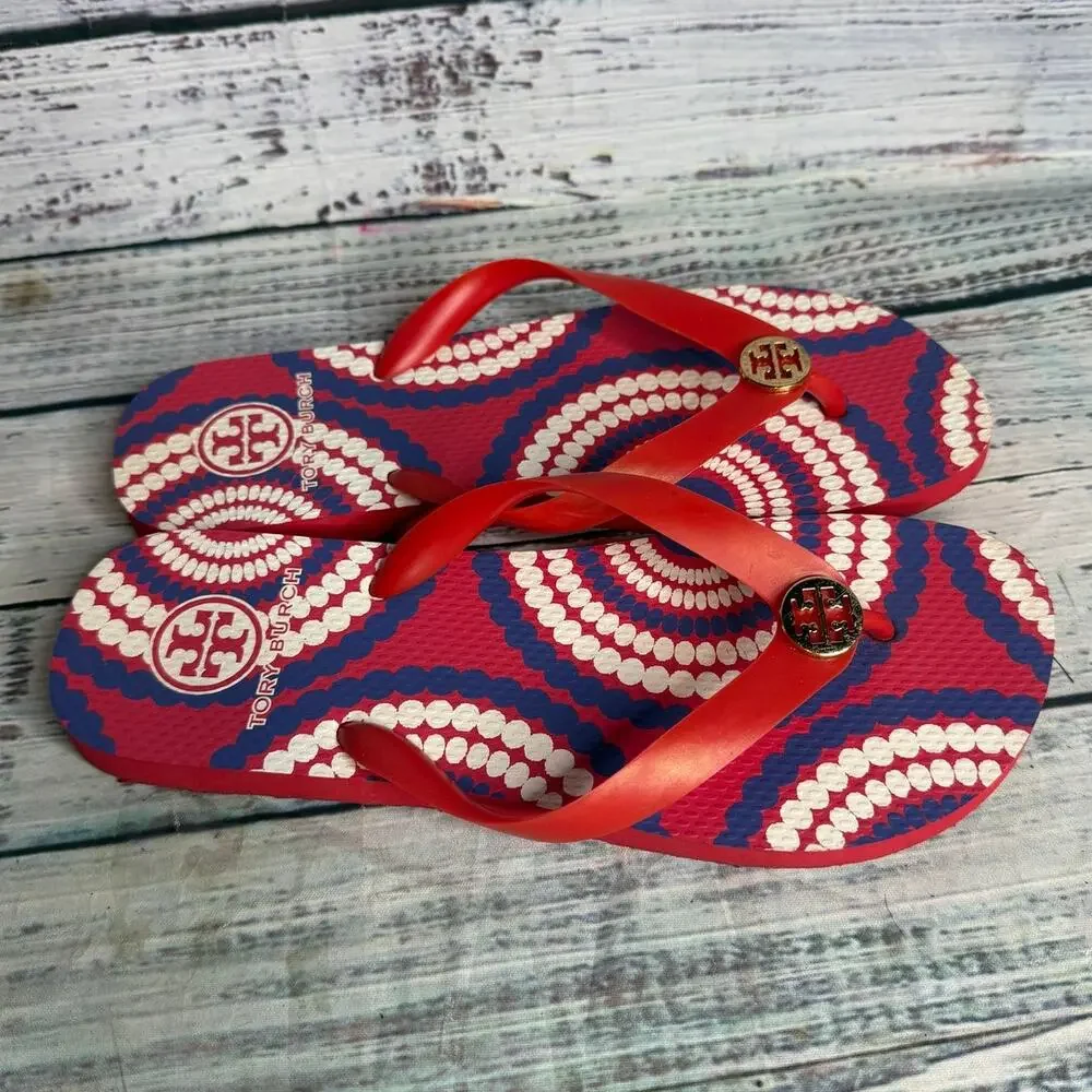 Tory Burch Women's Red White Blue Logo Medallion Flip Flop Sandals Size 8